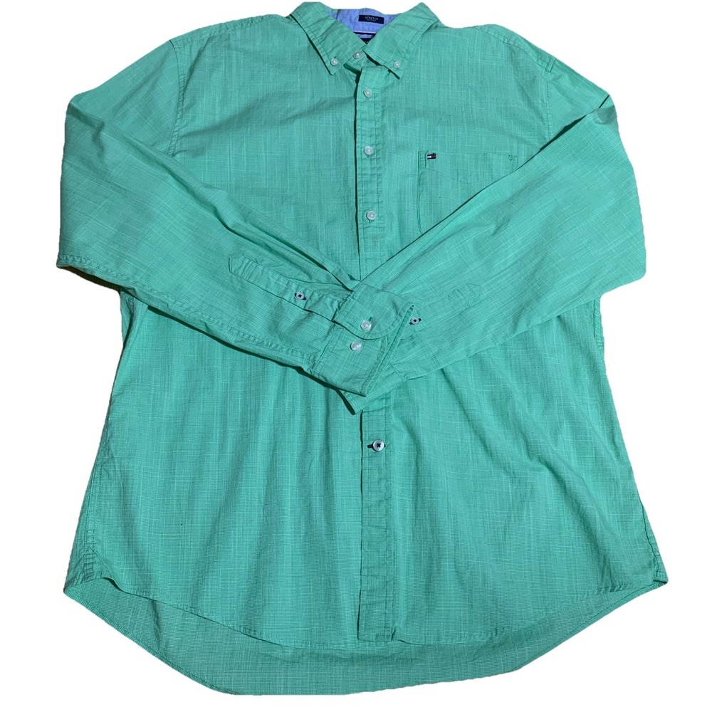 Tommy Hilfiger Stretch Fit Mens XL Green Nailshead L/S Button-Down Shirt Preppy
